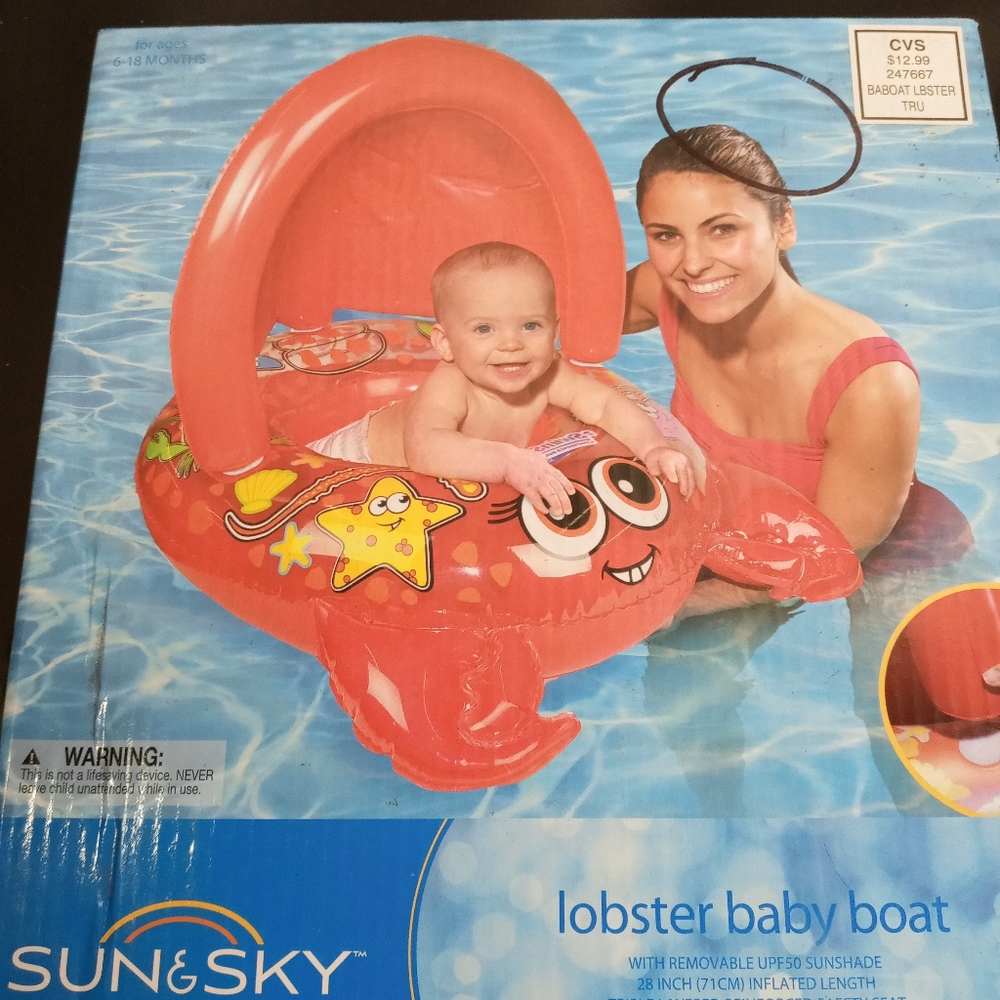 Sun Sky Baby Sun Canopy Baby Pool Float Boat Ages 6/18 mos RED CRAB~50=UPF/UV